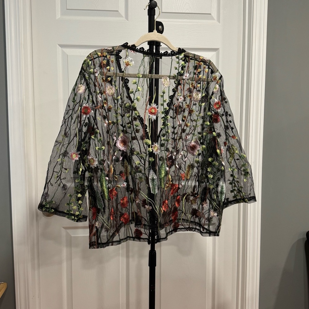 Floral Embroidered Sheer Black Top